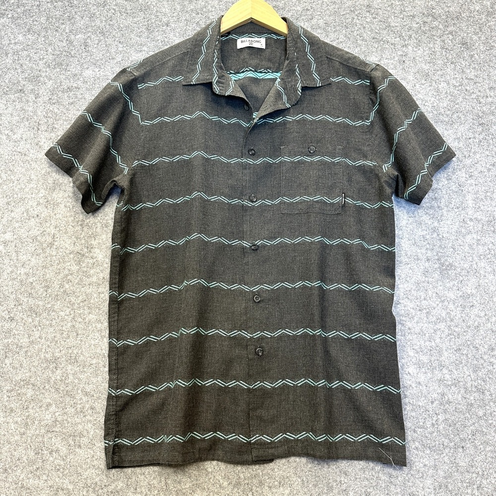 Billabong Button Up Shirt Mens Medium Gray Teal SW Chevron Stripe Surfer Skater